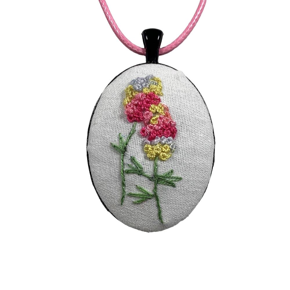Yellow and Pink Floral Embroidery Pendant Handmade Jewelry